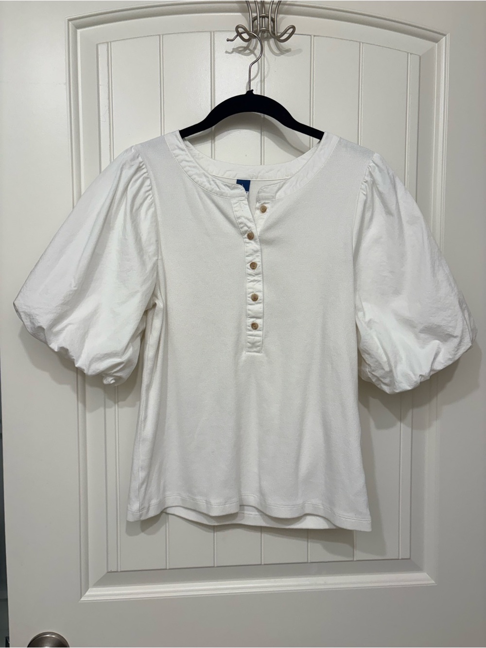 Old Navy White Mixed Media Ribbed Button-Up Top Puff Sleeves Size Large